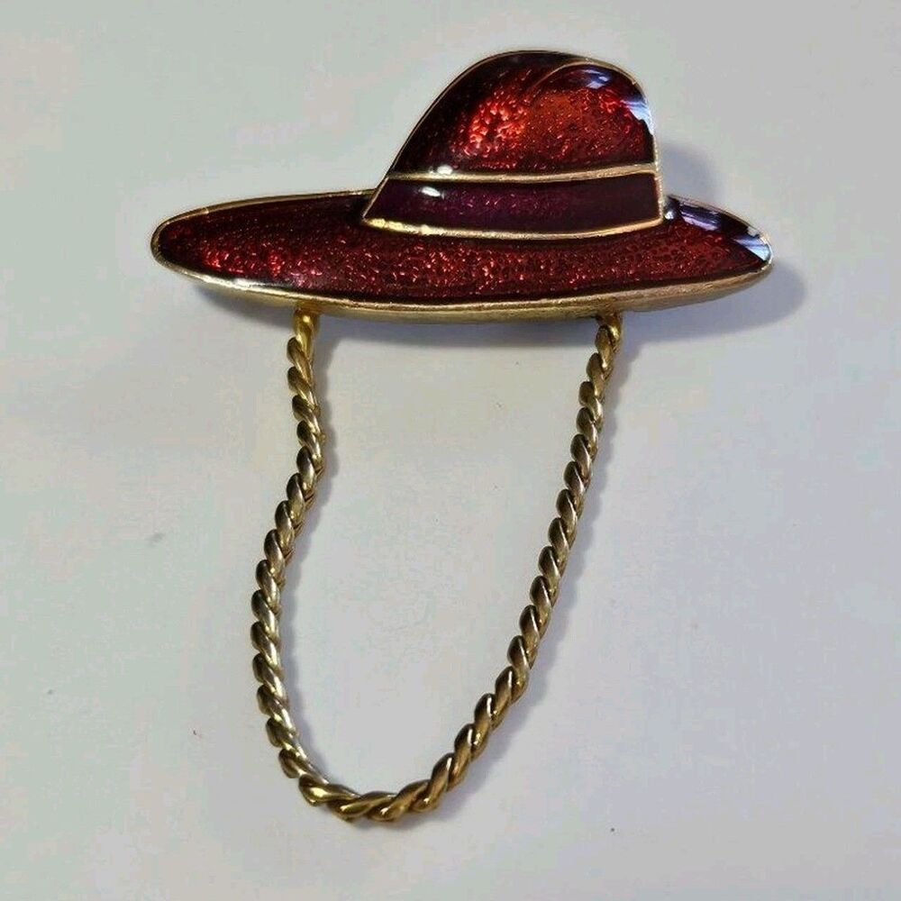 Red Enamel Hat Glasses Holder Brooch Gold Tone Vintage